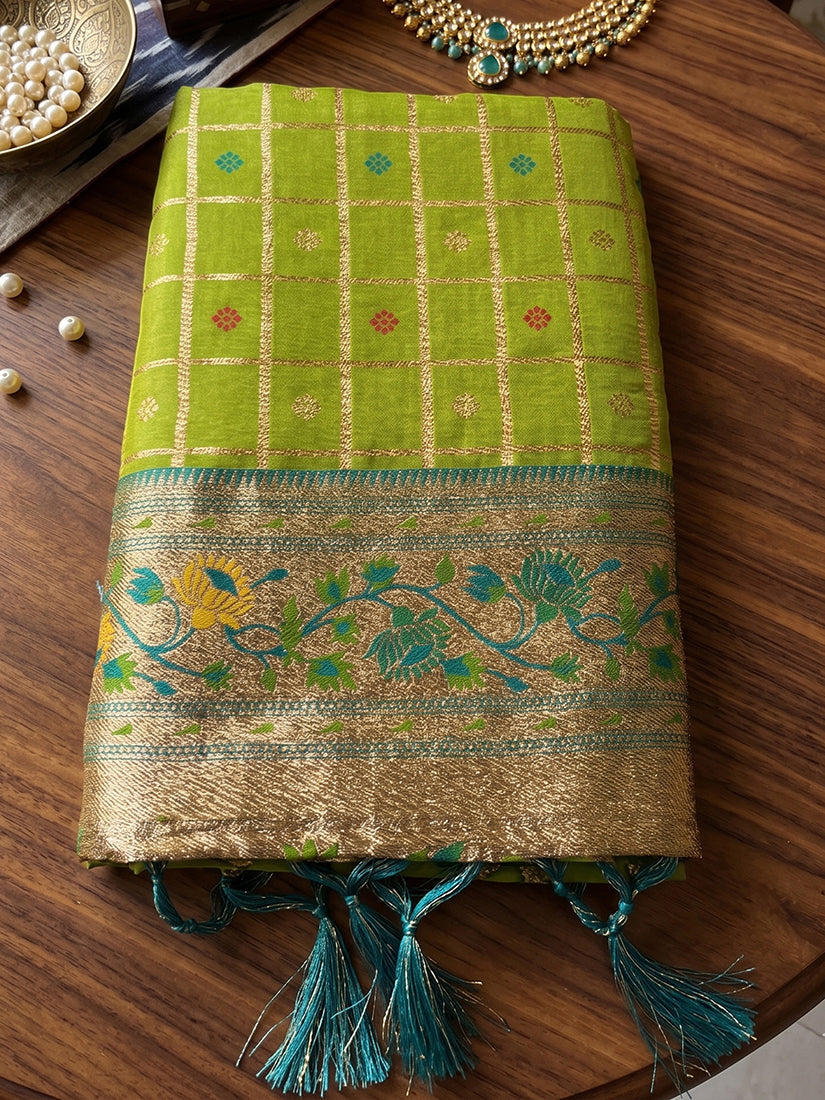 Monjolika Fashion Olive Green Banarasi Silk Blend Saree With Paithani Floral Pallu
