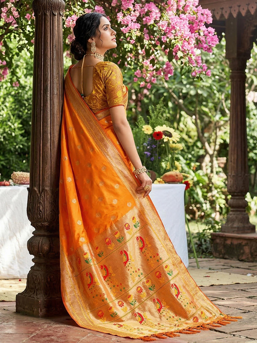 Monjolika Fashion Orange Banarasi Silk Blend Saree With Peacock Paithani Border