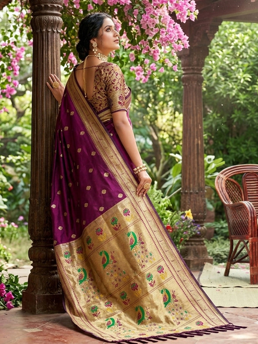 Monjolika Fashion Wine Banarasi Silk Blend Saree With Peacock Paithani Border