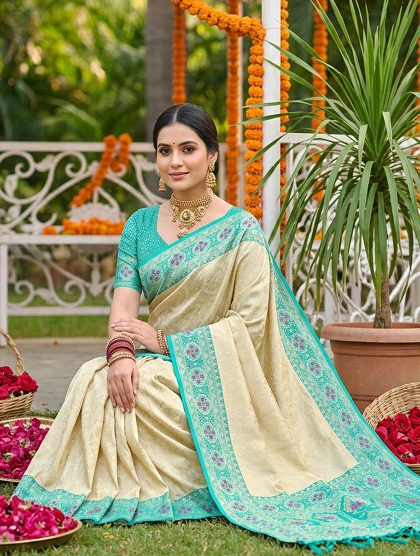 Monjolika Fashion Cream Banarasi Silk Blend Saree with Aqua Blue Zari Woven Border