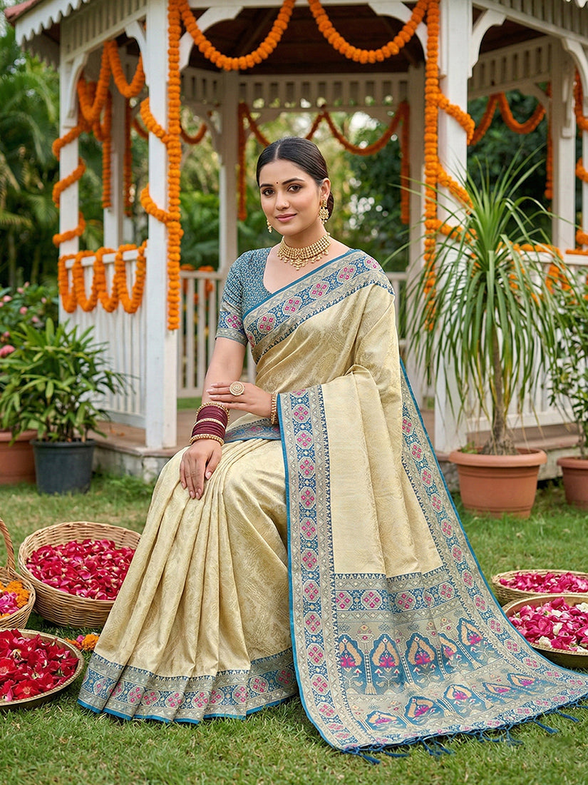 Monjolika Fashion Cream Banarasi Silk Blend Saree with Blue Zari Woven Border