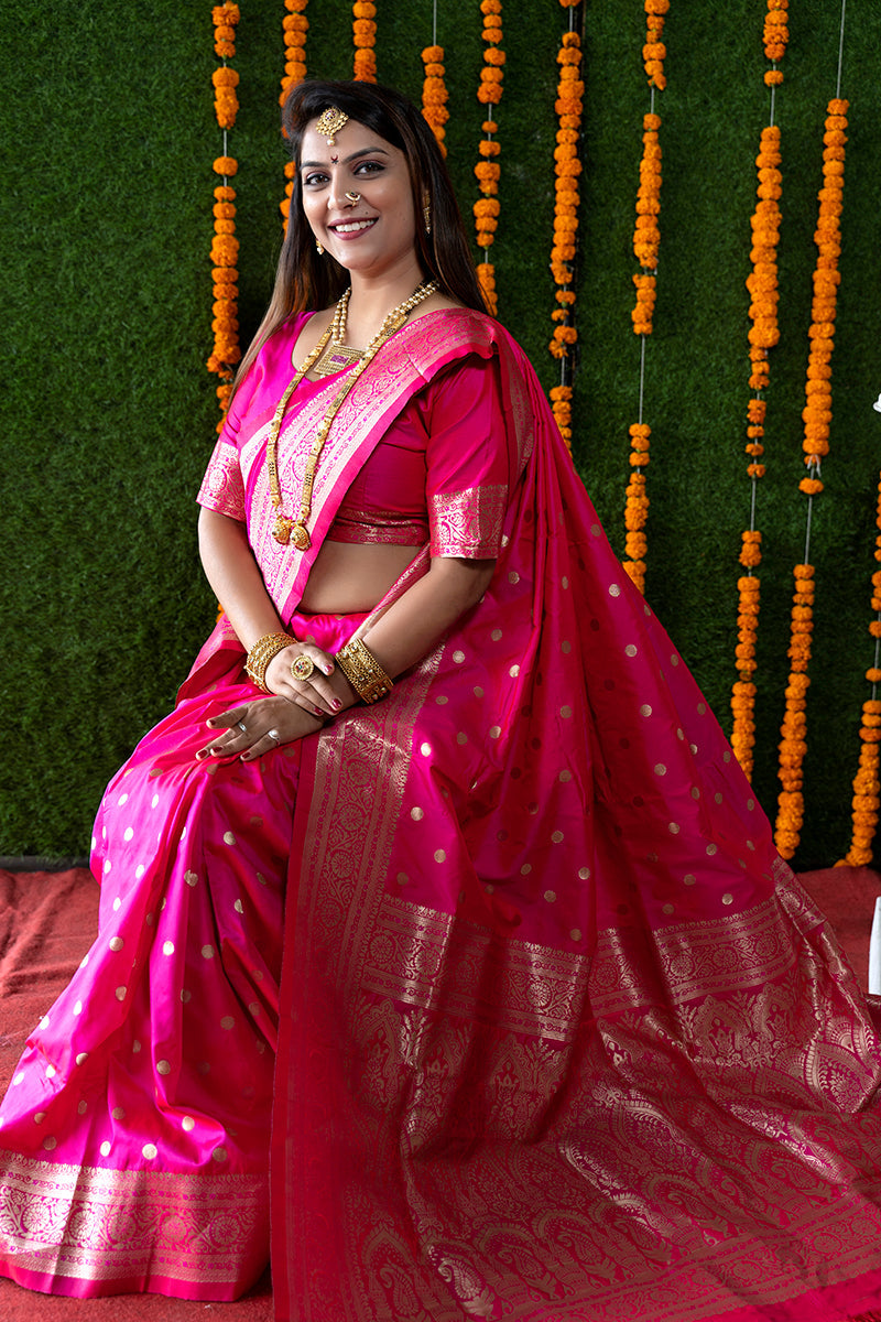 Monjolika Fashion Rani Pink Woven Banarasi Silk Blend Saree With Blouse