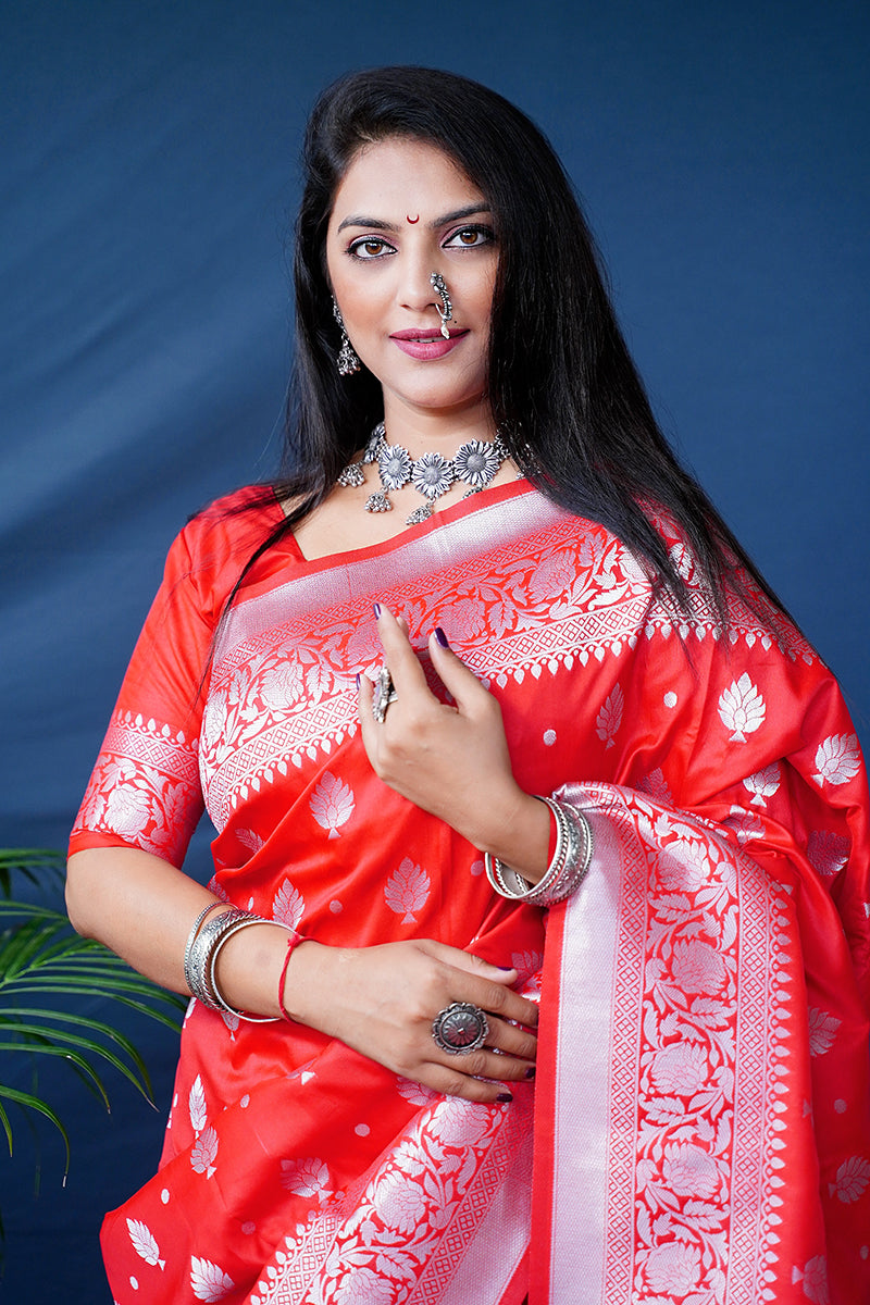 Monjolika Fashion Red Woven Banarasi Silk Blend Saree With Blouse