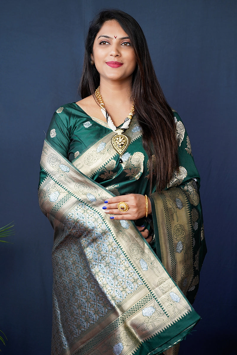 Monjolika Fashion Dark Green Woven Banarasi Silk Blend Saree With Blouse