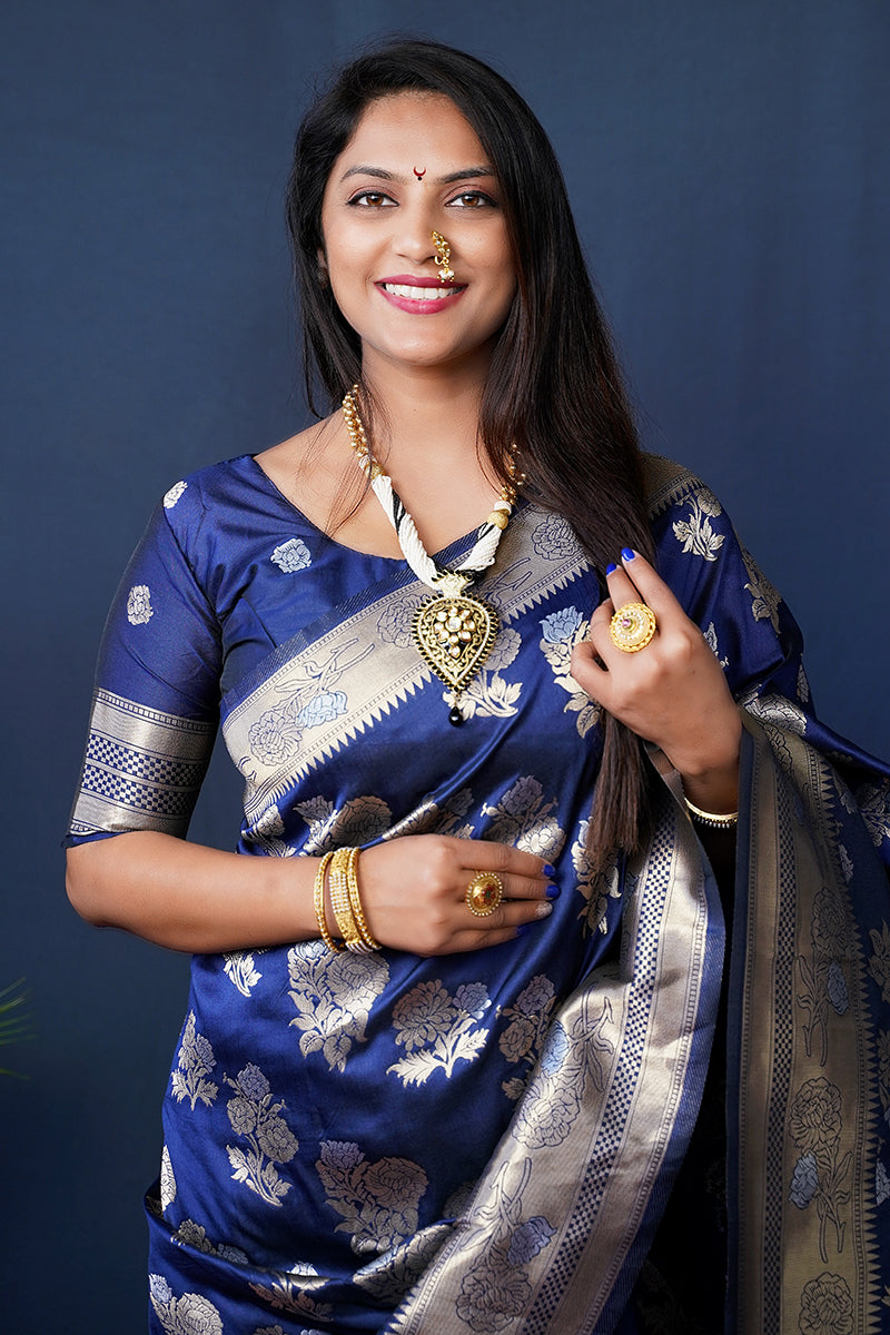 Monjolika Fashion Navy Blue Woven Banarasi Silk Blend Saree With Blouse