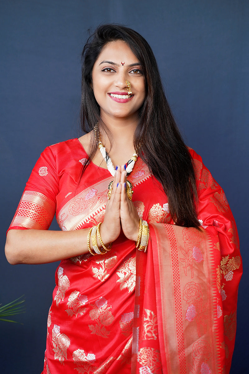 Monjolika Fashion Red Woven Banarasi Silk Blend Saree With Blouse