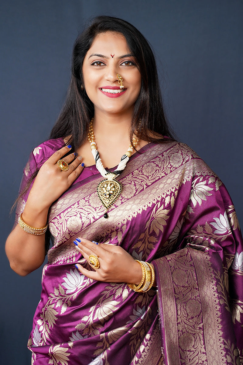 Monjolika Fashion Magenta Purple Woven Banarasi Silk Blend Saree With Blouse