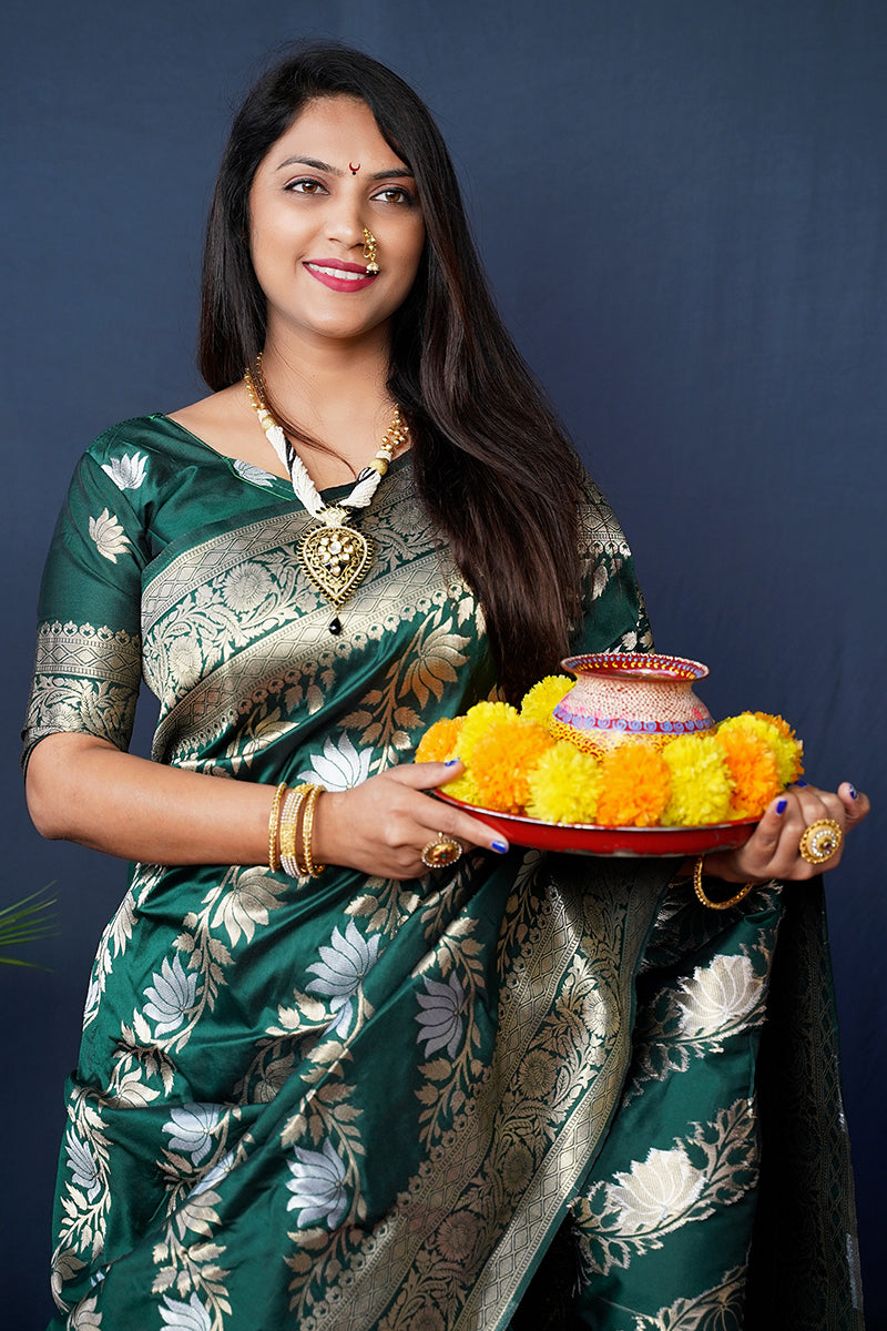 Monjolika Fashion Dark Green Woven Banarasi Silk Blend Saree With Blouse
