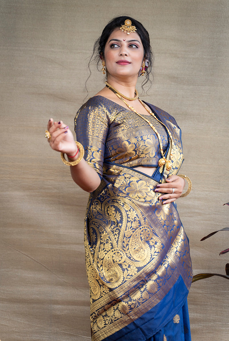 Monjolika Fashion Royal Blue Banarasi Silk Blend Saree With Golden Zari Work