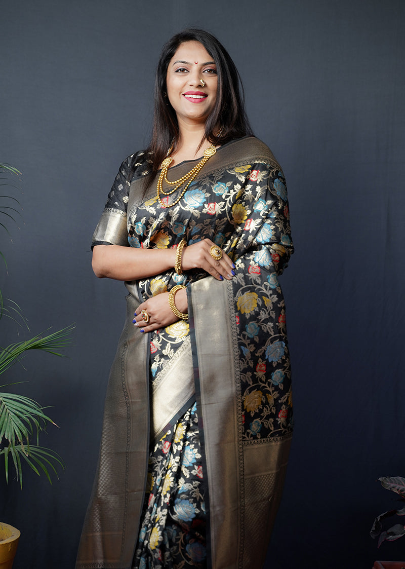 Monjolika Fashion Black Silk Blend Banarasi Zari Woven Saree With Blouse