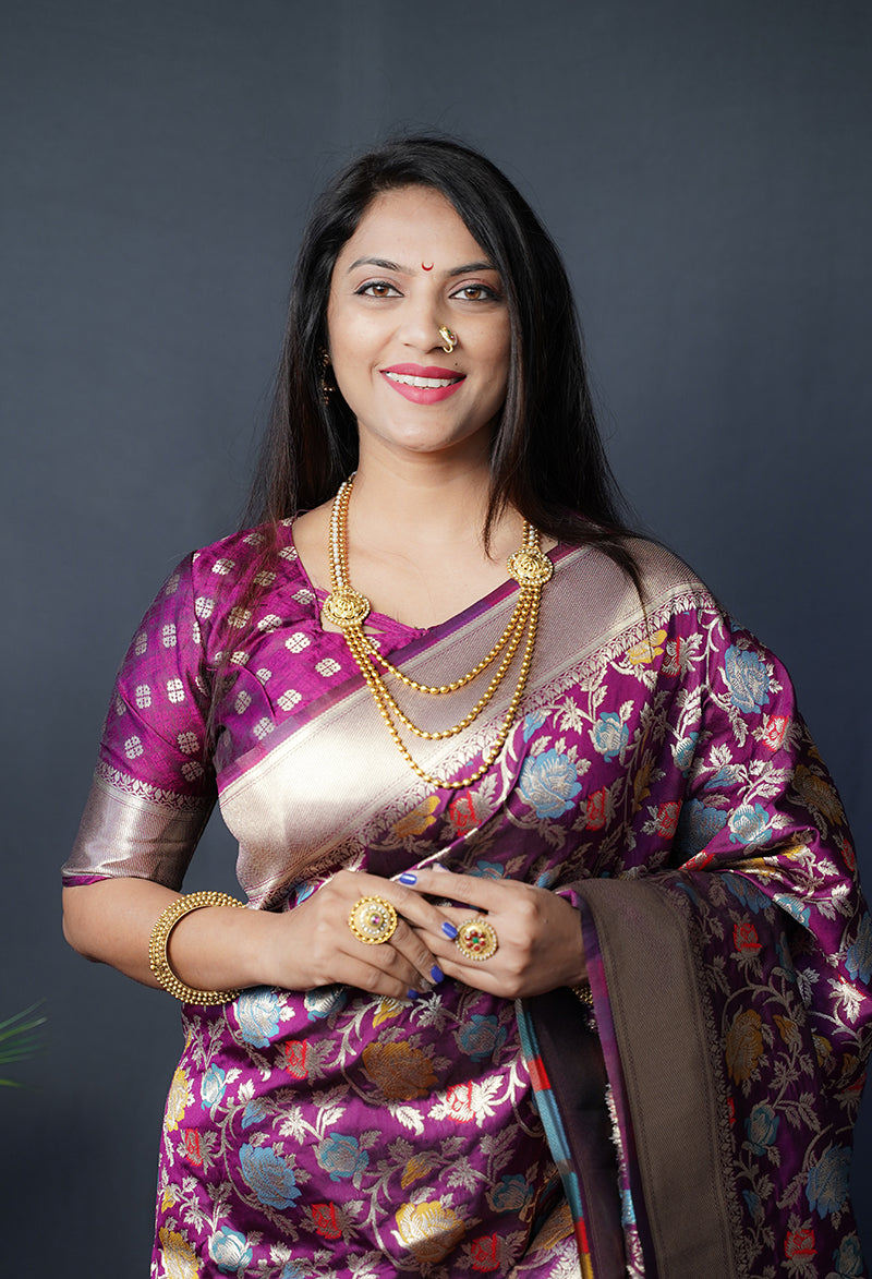 Monjolika Fashion Magenta Purple Silk Blend Banarasi Zari Woven Saree With Blouse