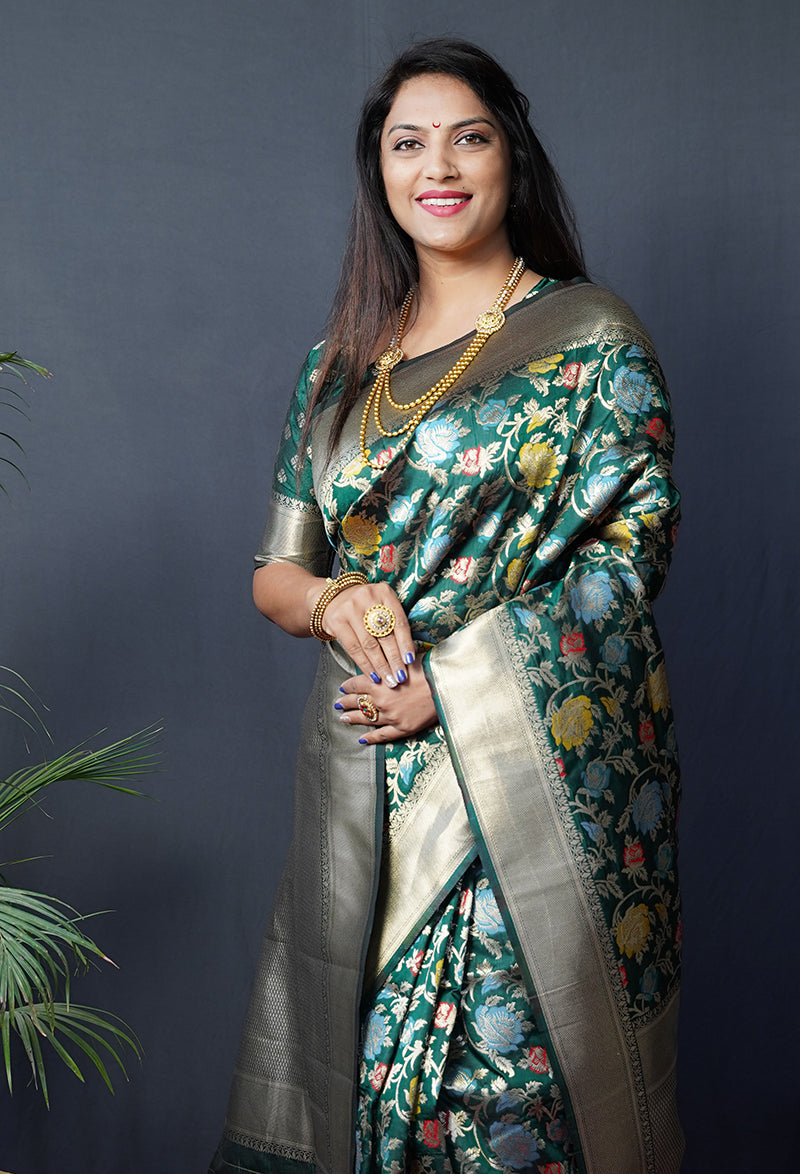 Monjolika Fashion Dark Green Silk Blend Banarasi Zari Woven Saree With Blouse
