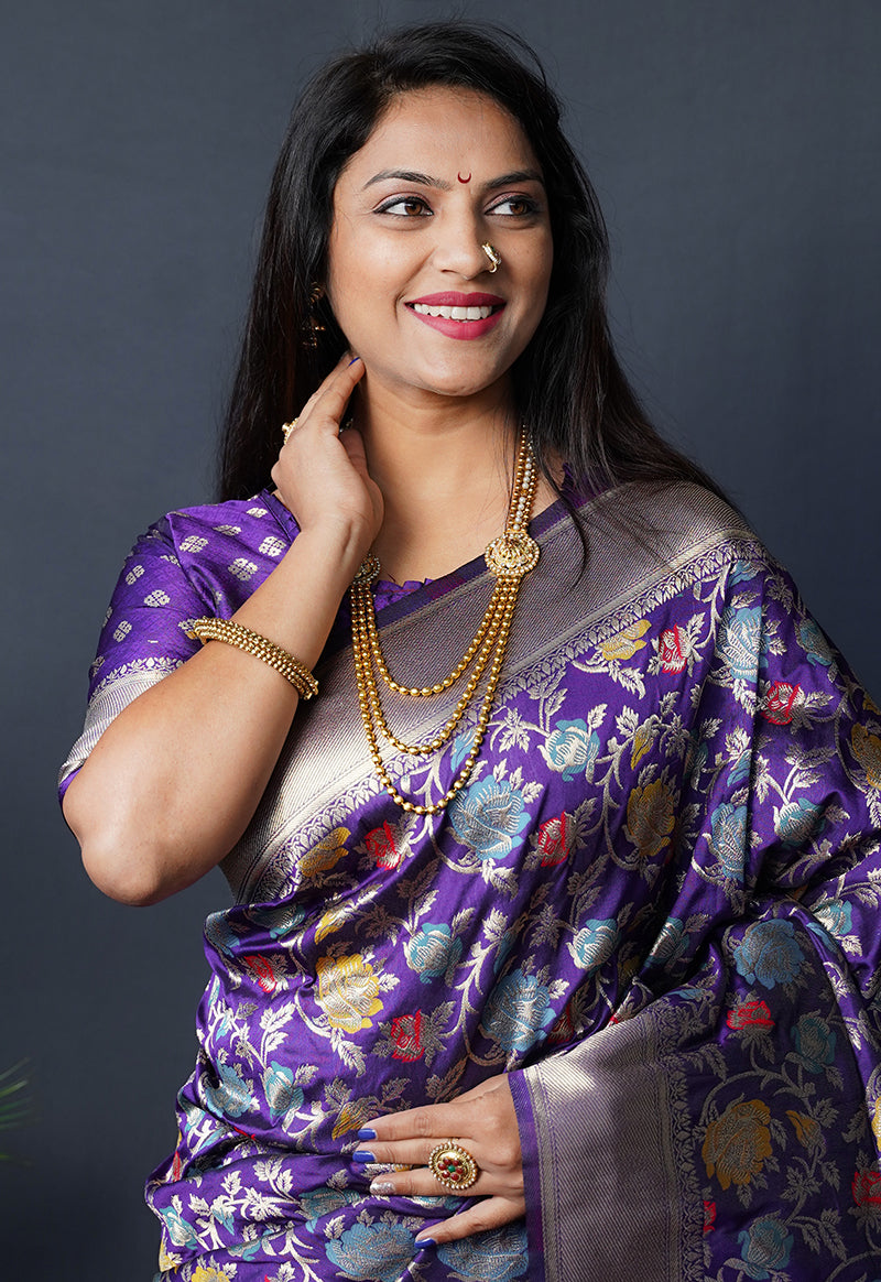 Monjolika Fashion Purple Silk Blend Banarasi Zari Woven Saree With Blouse