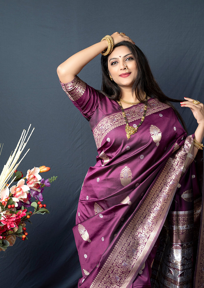 Monjolika Fashion Wine Banarasi Silk Blend Saree with Zari Weaving