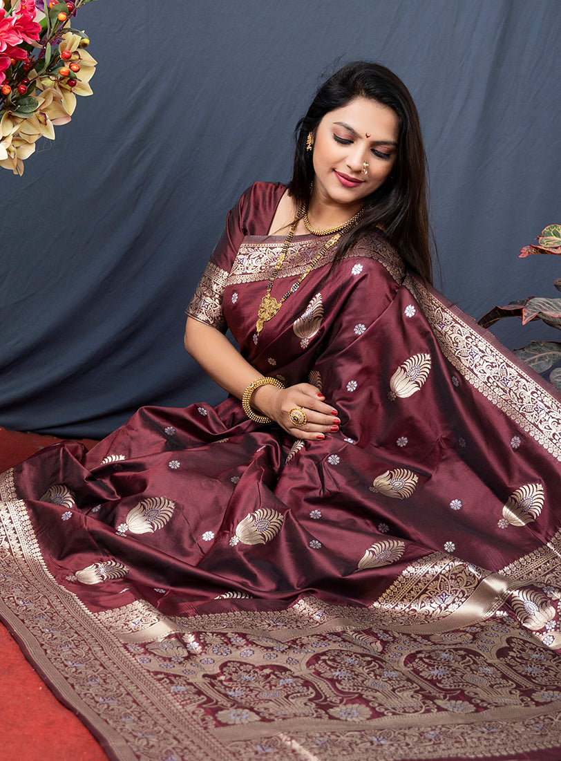 Monjolika Fashion Maroon Banarasi Silk Blend Saree with Zari Weaving