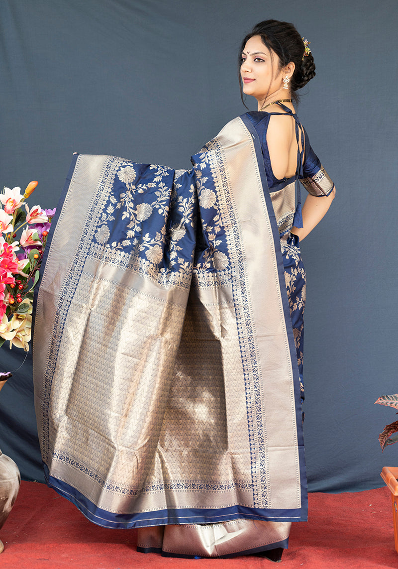 Monjolika Fashion Navy Blue Banarasi Silk Blend Saree With Floral Zari Weaving