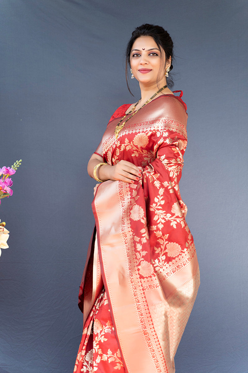 Monjolika Fashion Red Banarasi Silk Blend Saree With Floral Zari Weaving