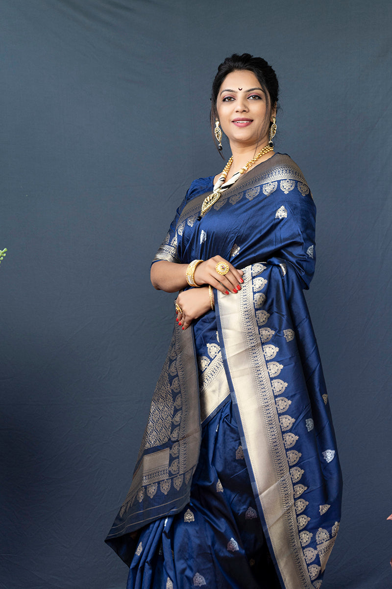 Monjolika Fashion Navy Blue Banarasi Silk Blend Saree with Silver Zari Border & Woven Pallu