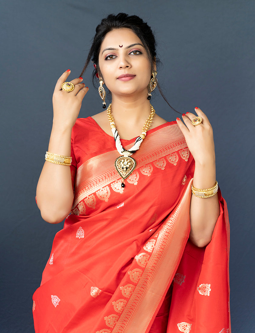 Monjolika Fashion Red Banarasi Silk Blend Saree with Silver Zari Border & Woven Pallu