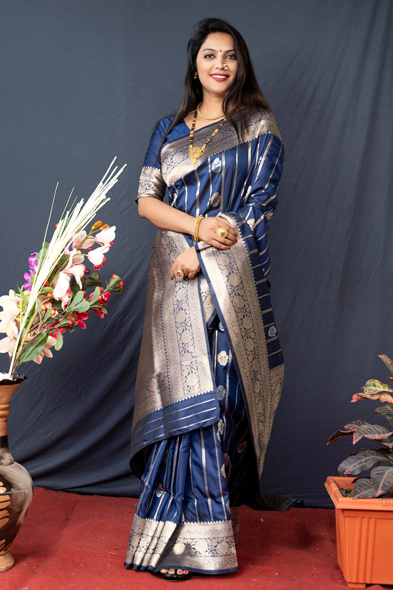 Monjolika Fashion Navy Blue Banarasi Silk Blend Saree With Zari Border & Woven Pallu
