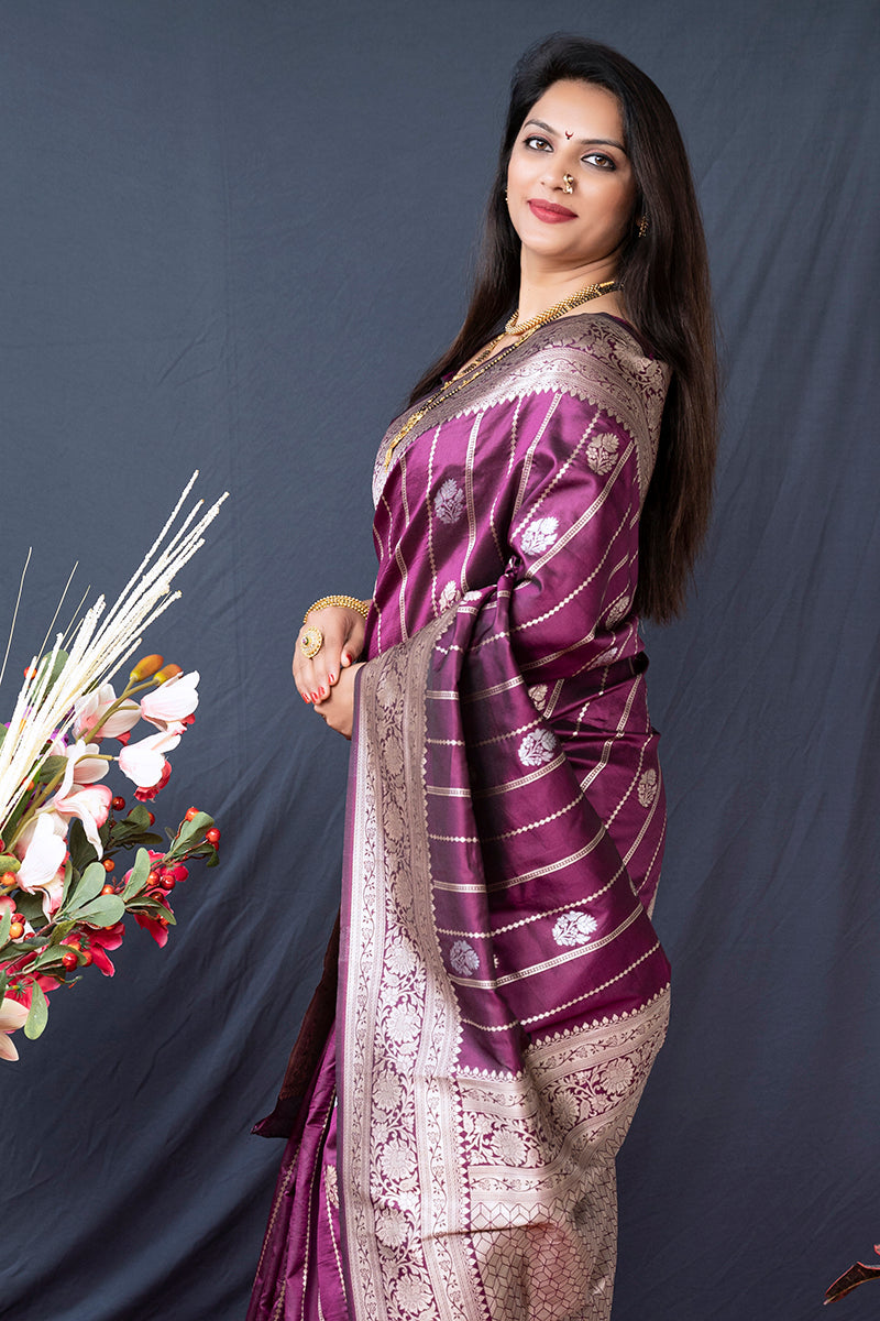 Monjolika Fashion Wine Banarasi Silk Blend Saree With Zari Border & Woven Pallu