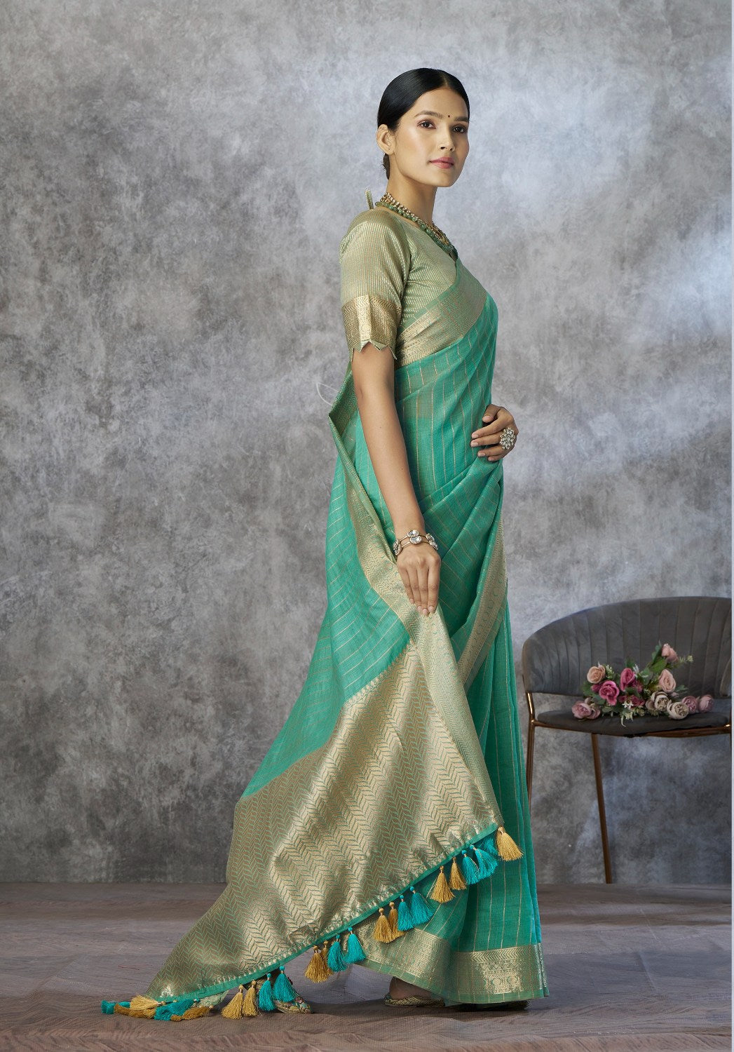 Anaita Mint Cotton Silk Zari Woven Work Saree With Blouse Piece