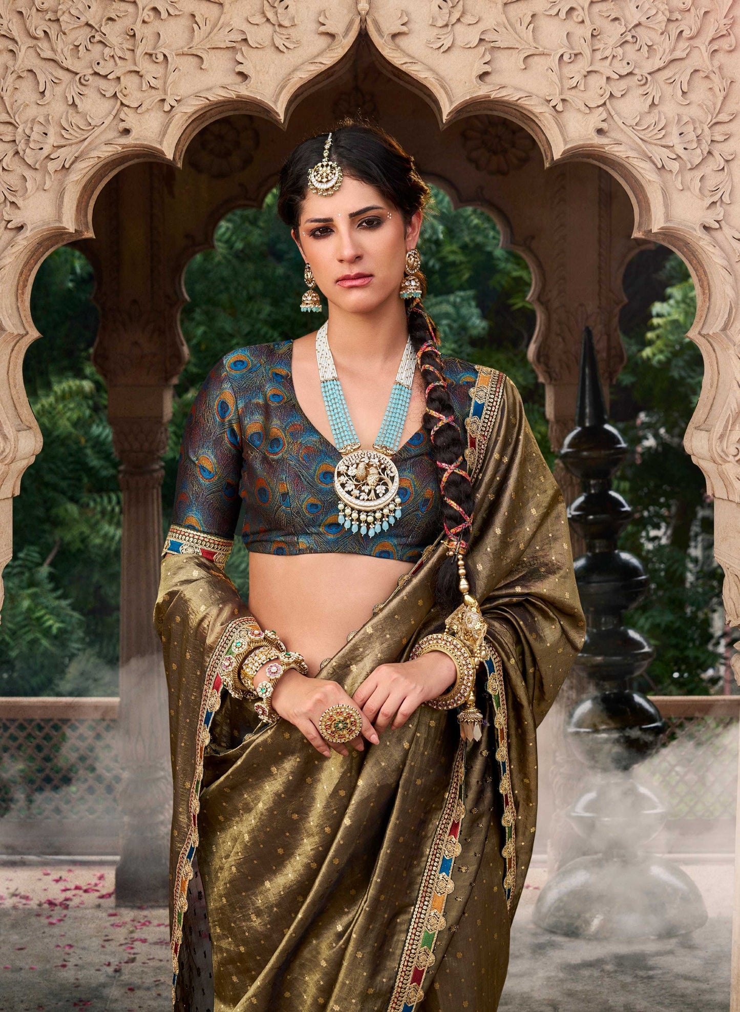 Anaita Designer Dark Mehendi Weaving Soft Tissue Silk Saree With Designer Blouse