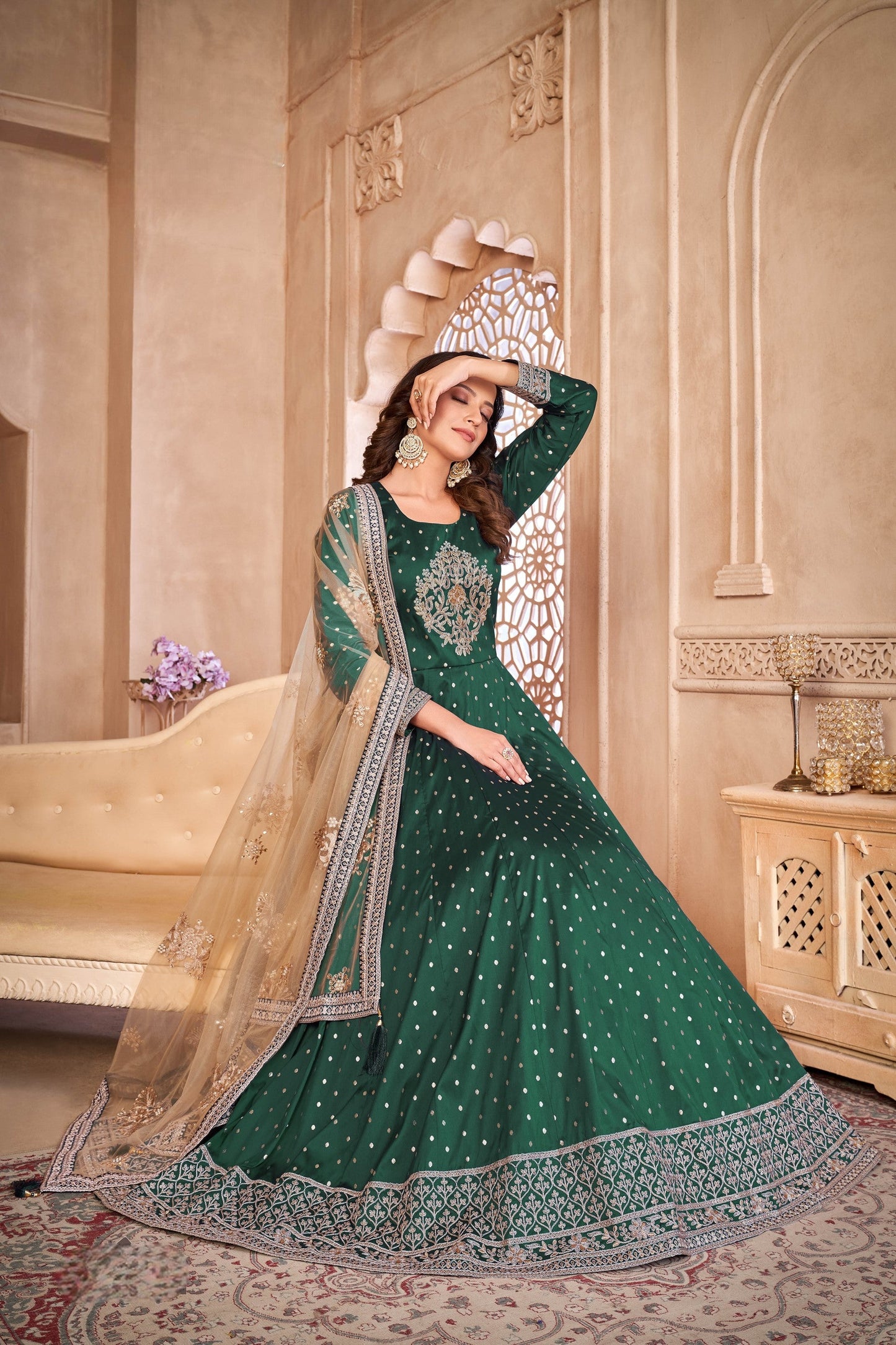 Anaita Green Embroidered Tapeta Silk Anarkali Suit