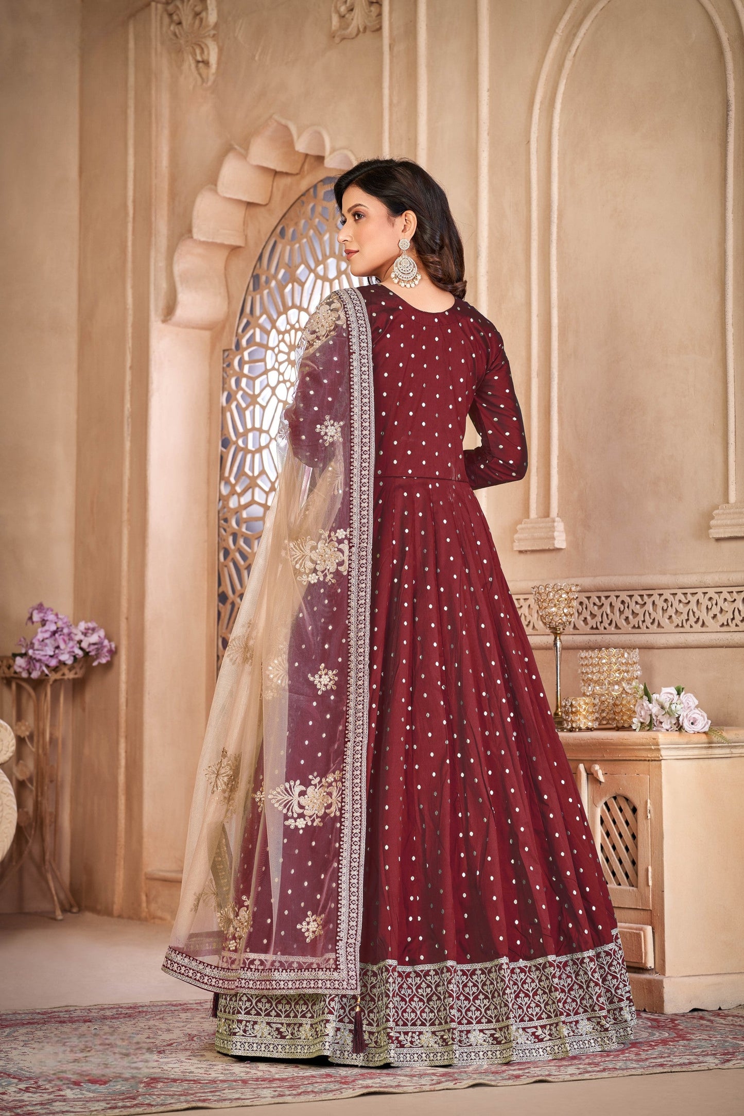 Anaita Maroon Embroidered Tapeta Silk Anarkali Suit