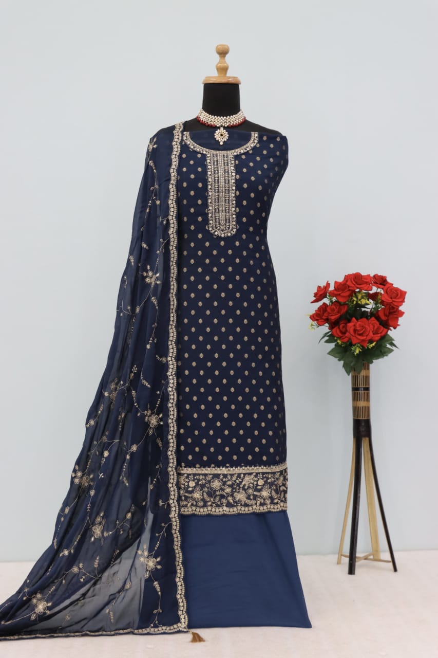 Anaita Navy Blue Dola Jacquard Silk Sequin Embroidered Salwar Suit