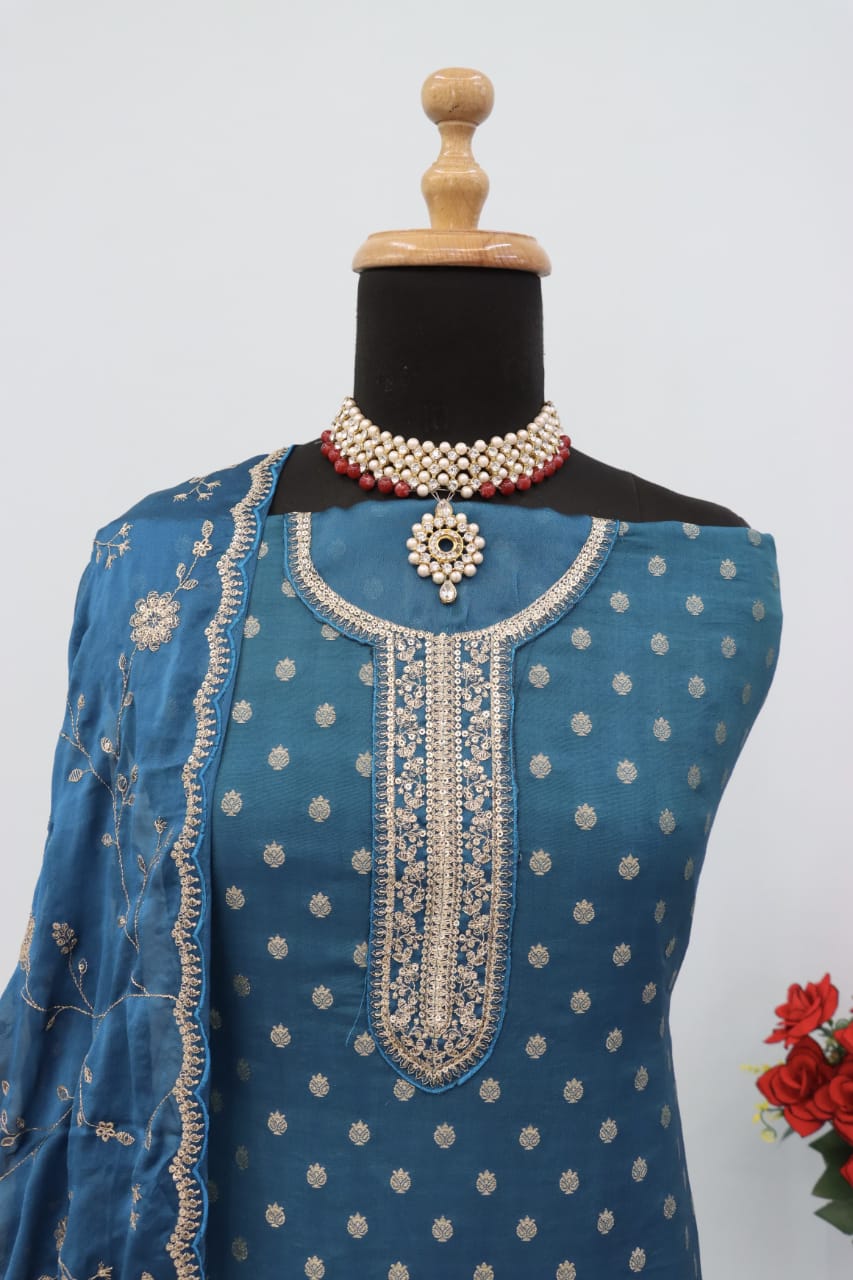 Anaita Turquoise Dola Jacquard Silk Sequin Embroidered Salwar Suit