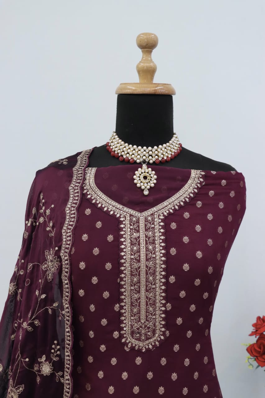 Anaita Purple Dola Jacquard Silk Sequin Embroidered Salwar Suit