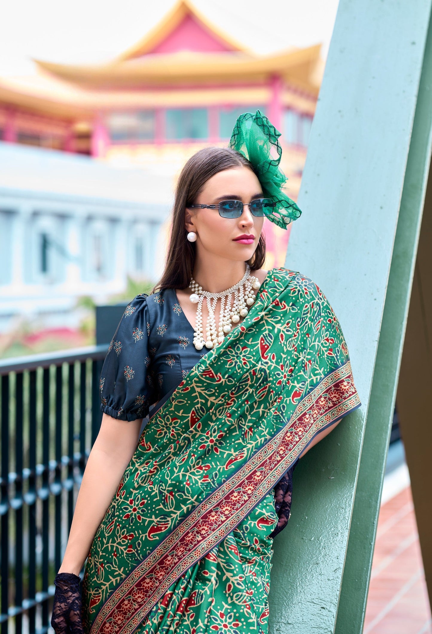 Anaita Green Ajrakh Printed Pure Satin Silk Saree With Blouse