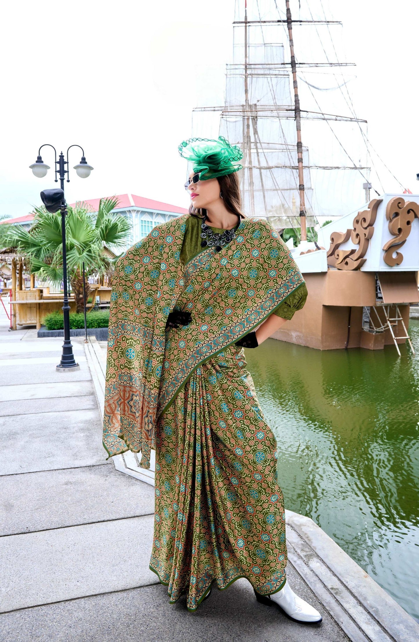 Anaita Mehendi Ajrakh Printed Pure Satin Silk Saree With Blouse