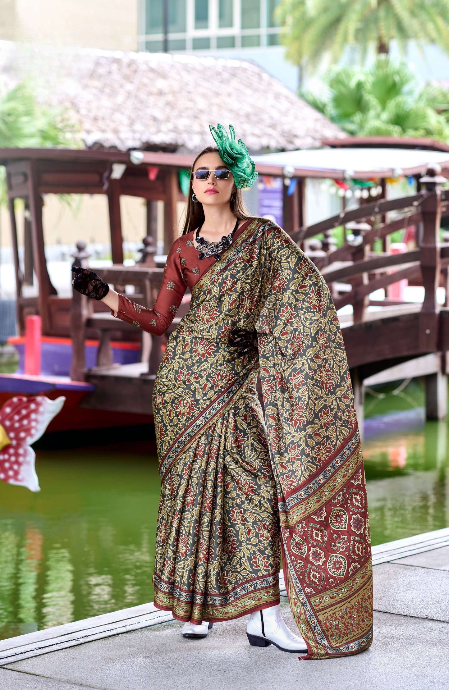 Anaita Dark Grey Ajrakh Printed Pure Satin Silk Saree With Blouse