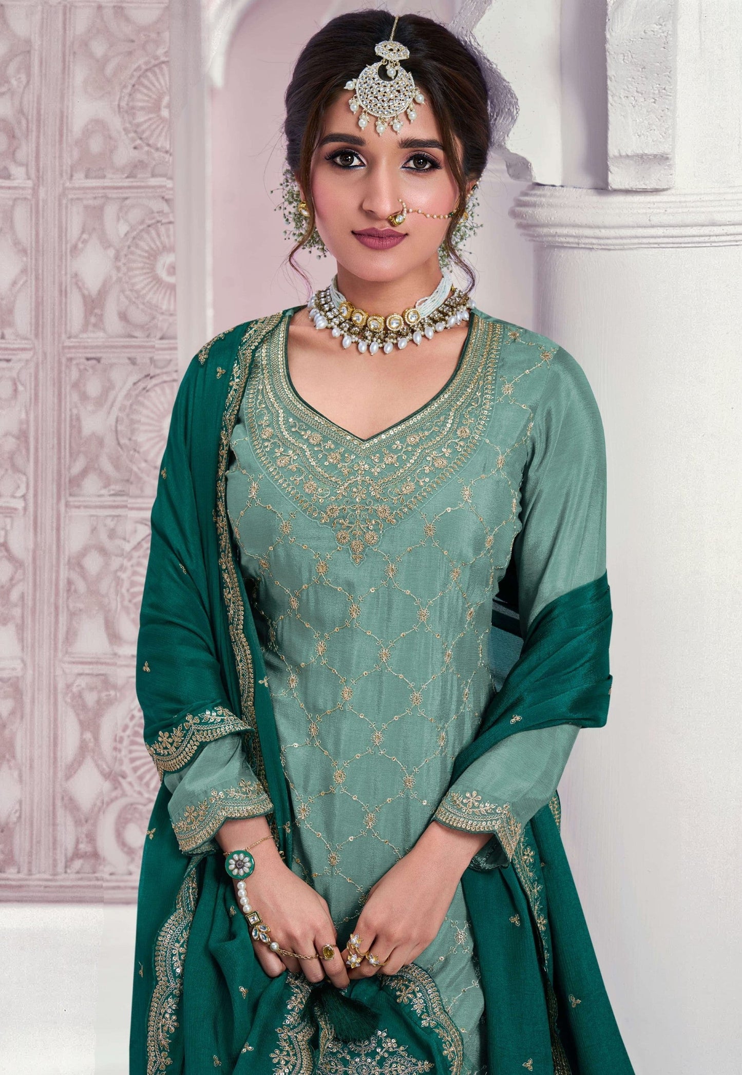Anaita Sky Blue Chinon Sequence Embroidered Readymade Salwar Suit