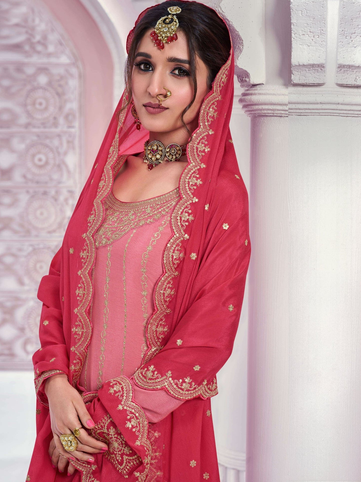 Anaita Peach Chinon Sequence Embroidered Readymade Salwar Suit