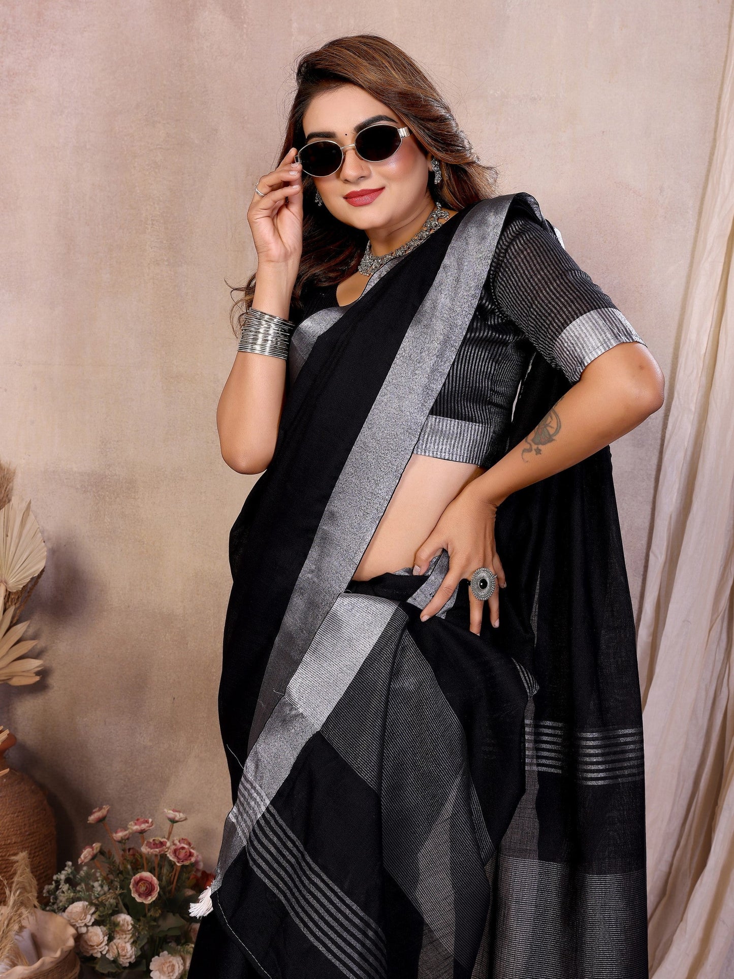 Anaita Black Weaving Linen Cotton Saree With Blouse