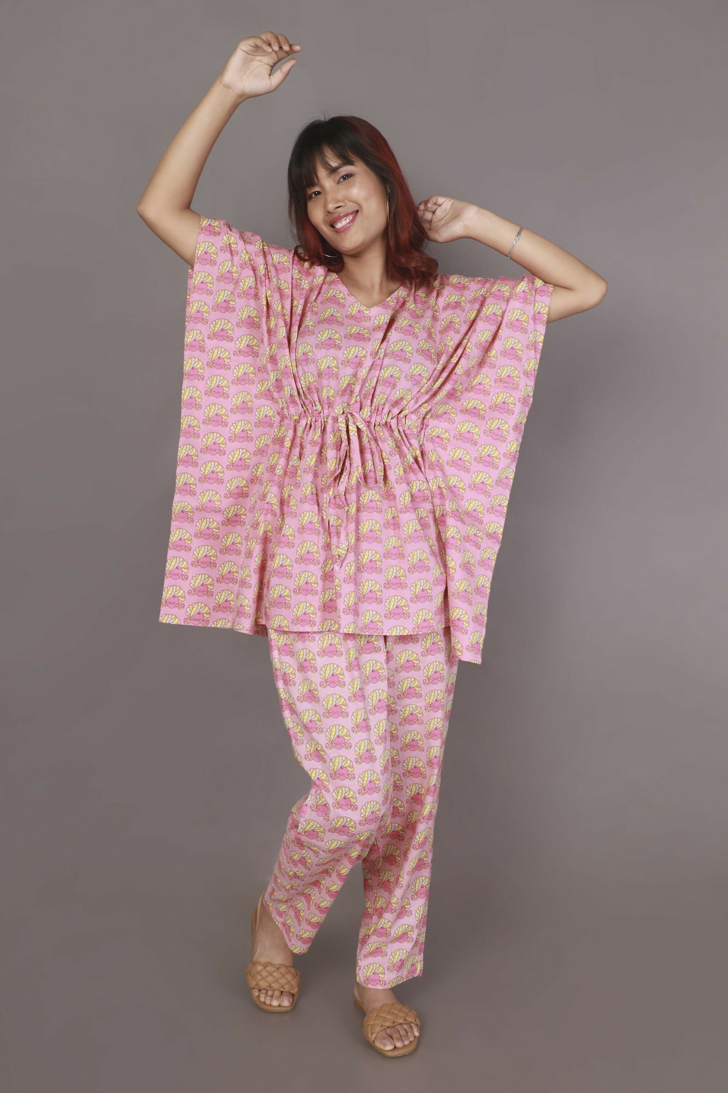 Breathables Women’S Loungewear Kaftan Co-Ord Set Cotton V-Neck In Quirky Pink Print