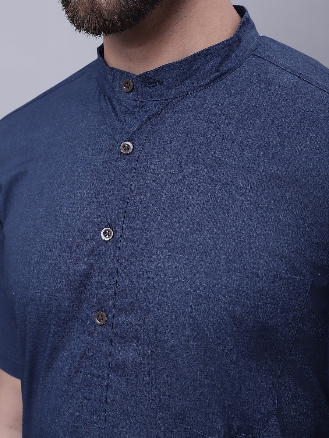 Even Apparels Blue Pure Cotton Short Sleeves Kurta With Band Collar