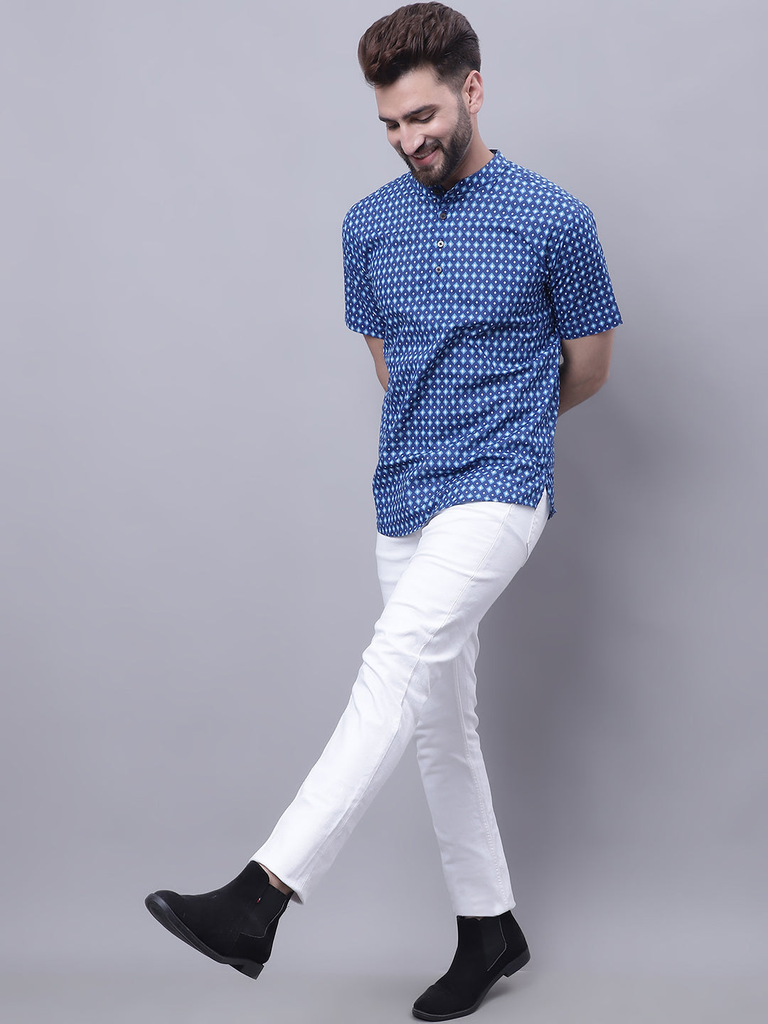 Even Apparels Blue Pure Cotton Short Kurta With Band Collar