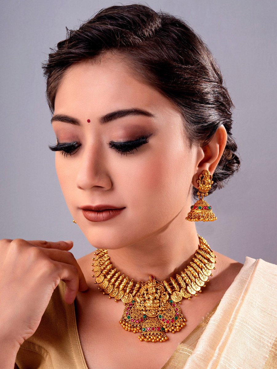 Aadita Gold-Toned Stone-Studded Temple Jewelry Set