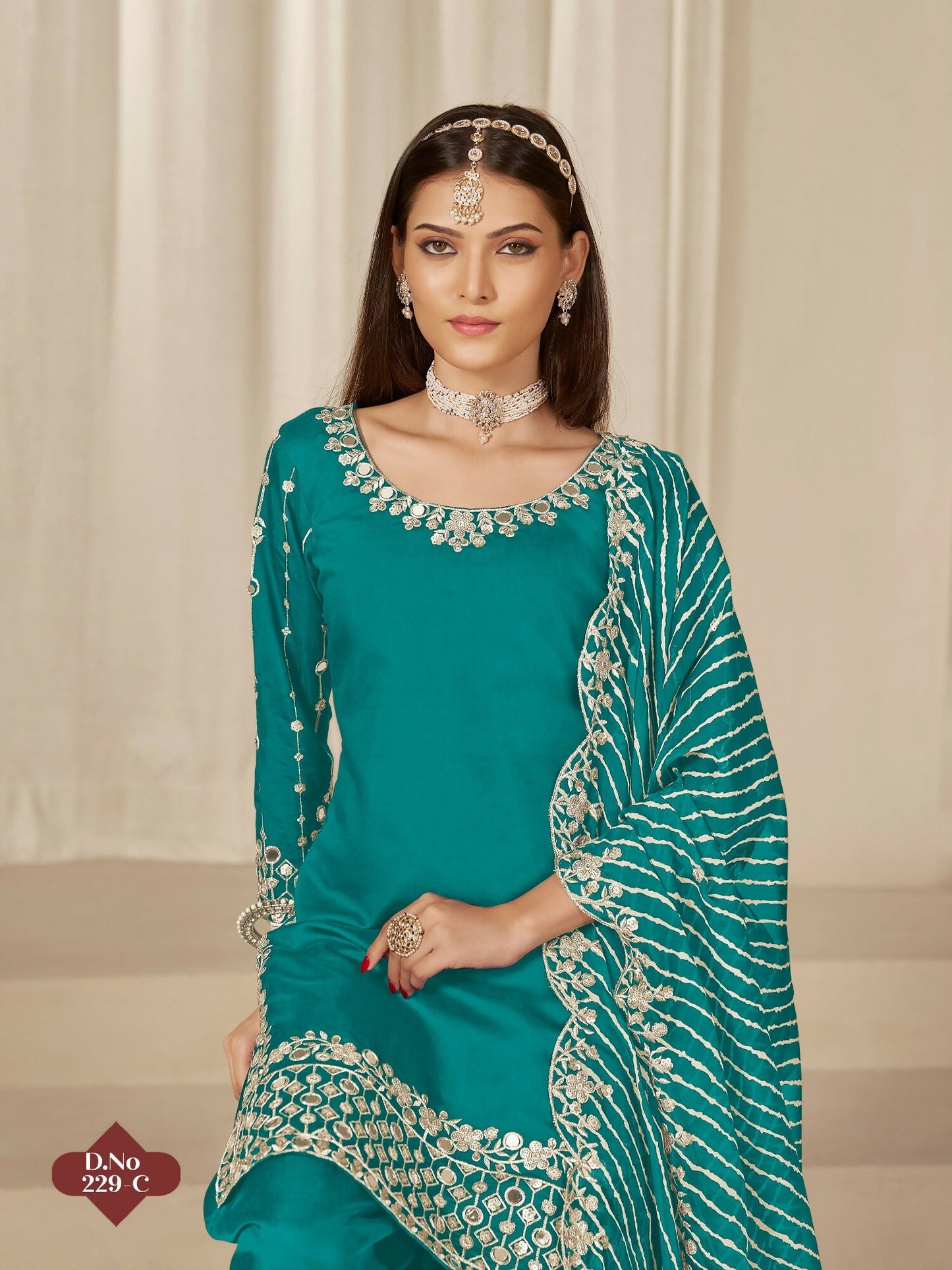 Anaita Turquoise Roman Silk Stitched Suit with Embroidery & Real Mirror Work