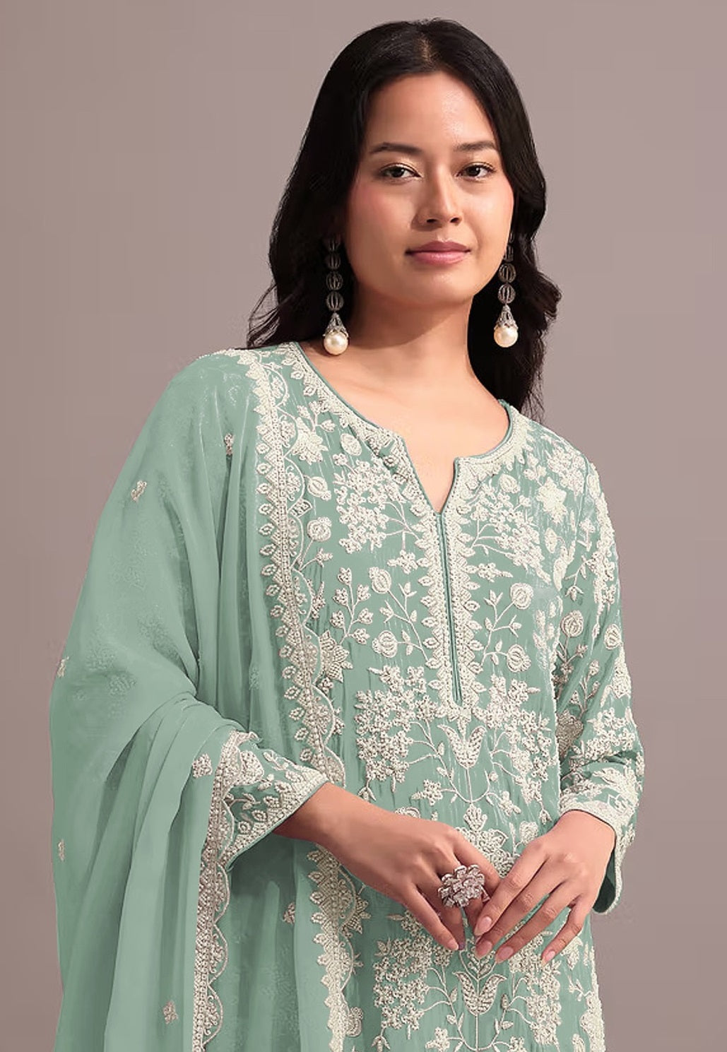 Anaita Green Embroidered Faux Georgette Sharara Suit