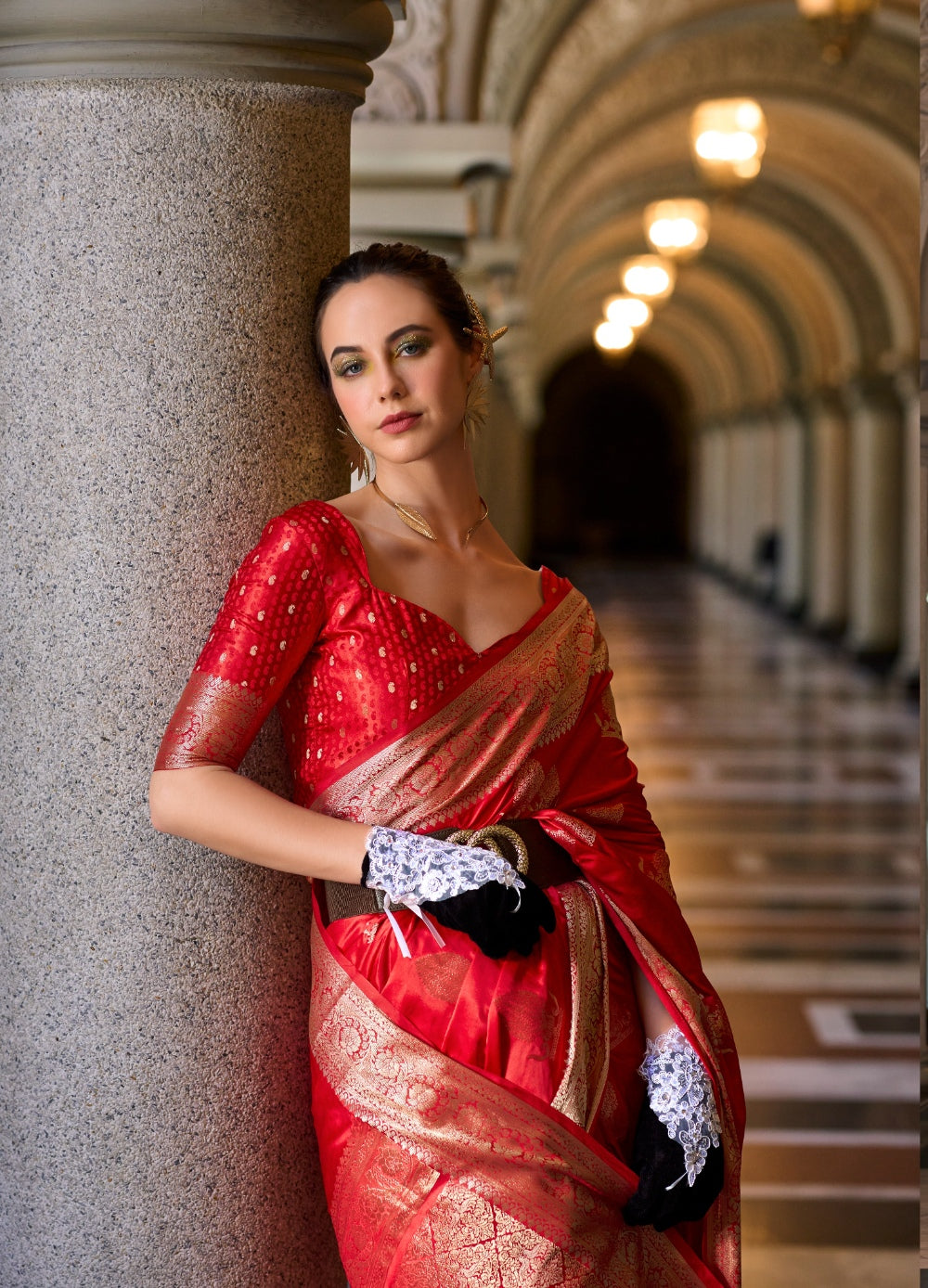 Anaita Red Silk Tissue Zari Weaving Work Saree With Blouse Piece
