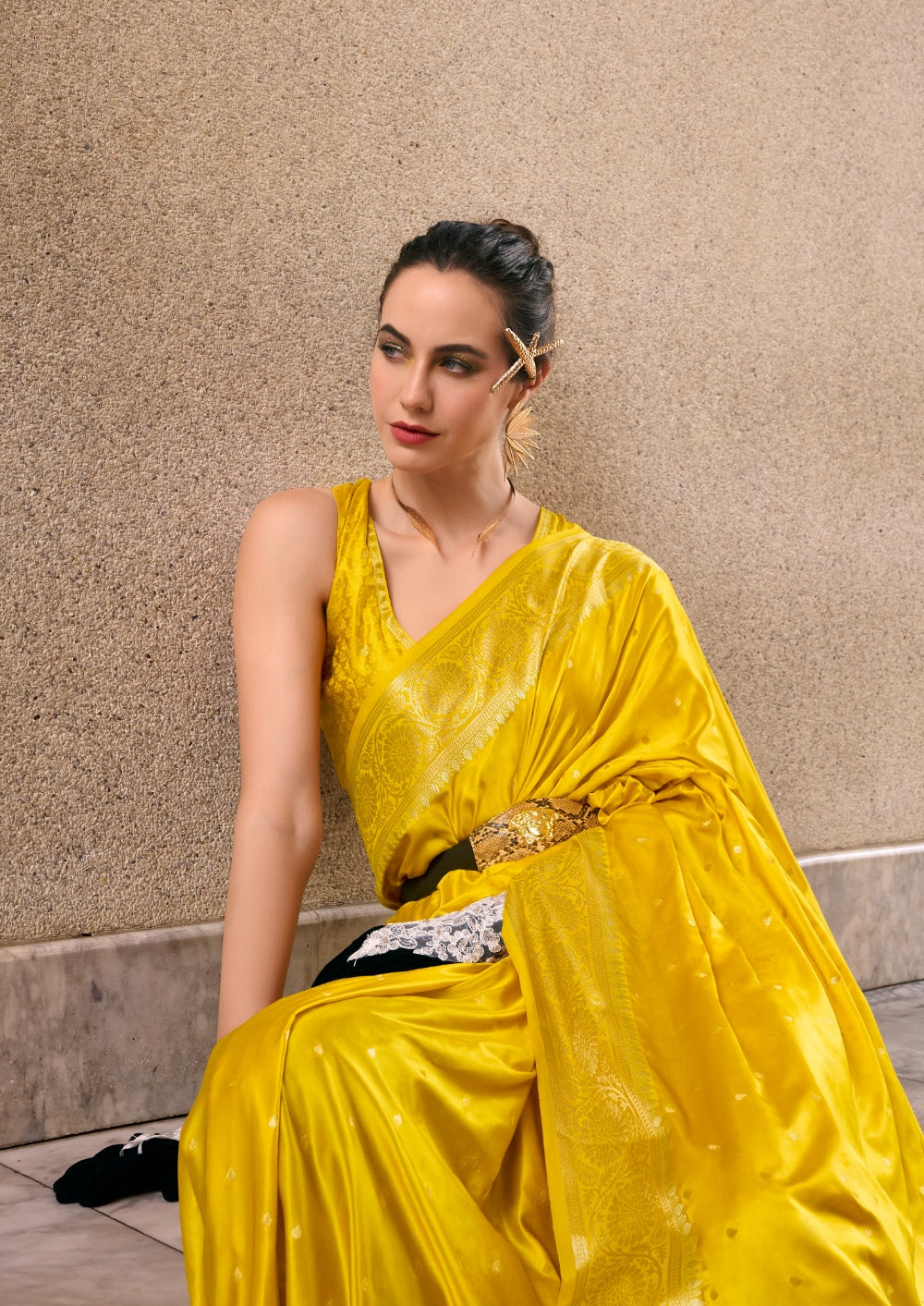 Anaita Yellow Silk Tissue Zari Weaving Work Saree With Blouse Piece