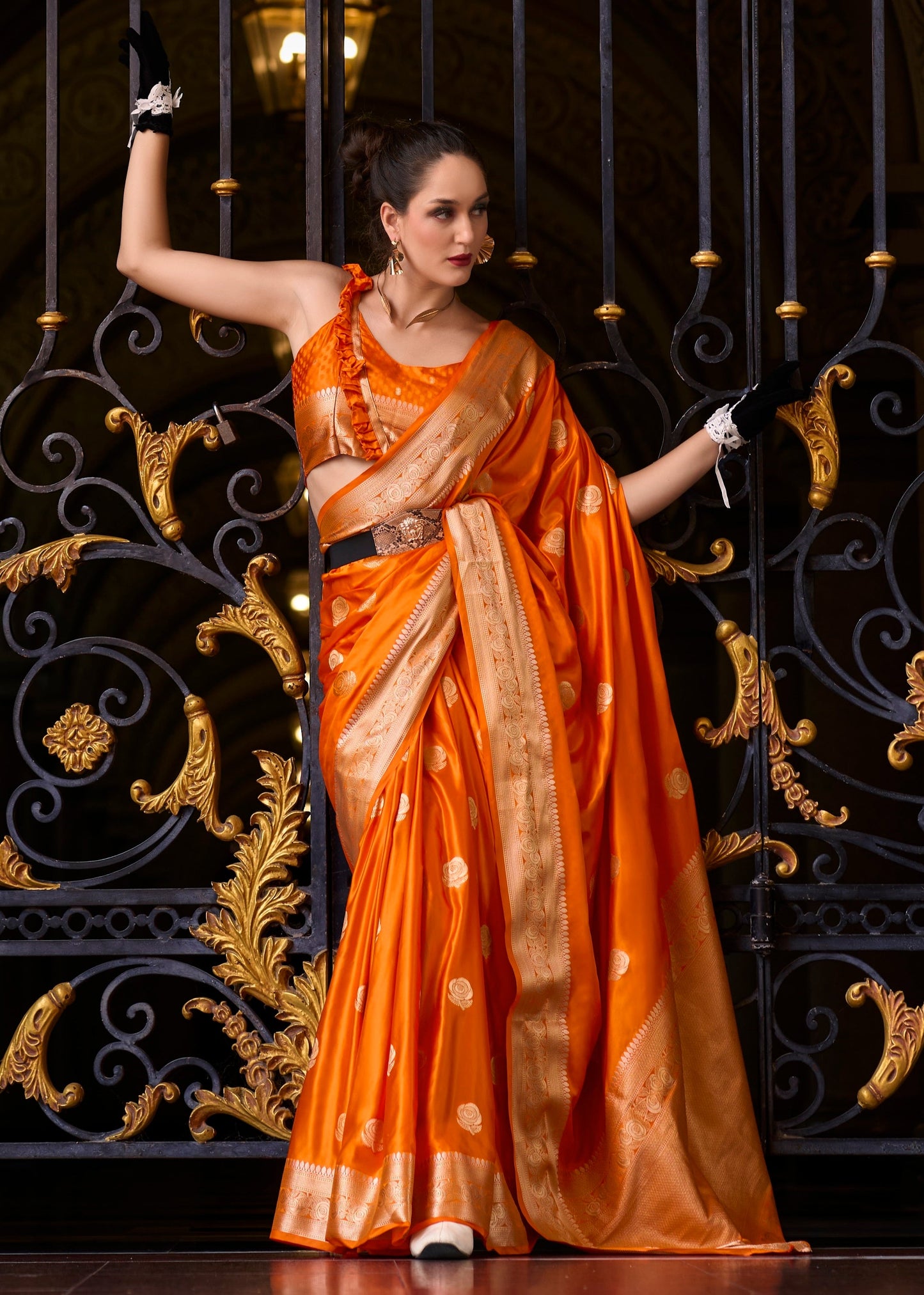 Anaita Orange Silk Tissue Zari Weaving Work Saree With Blouse Piece