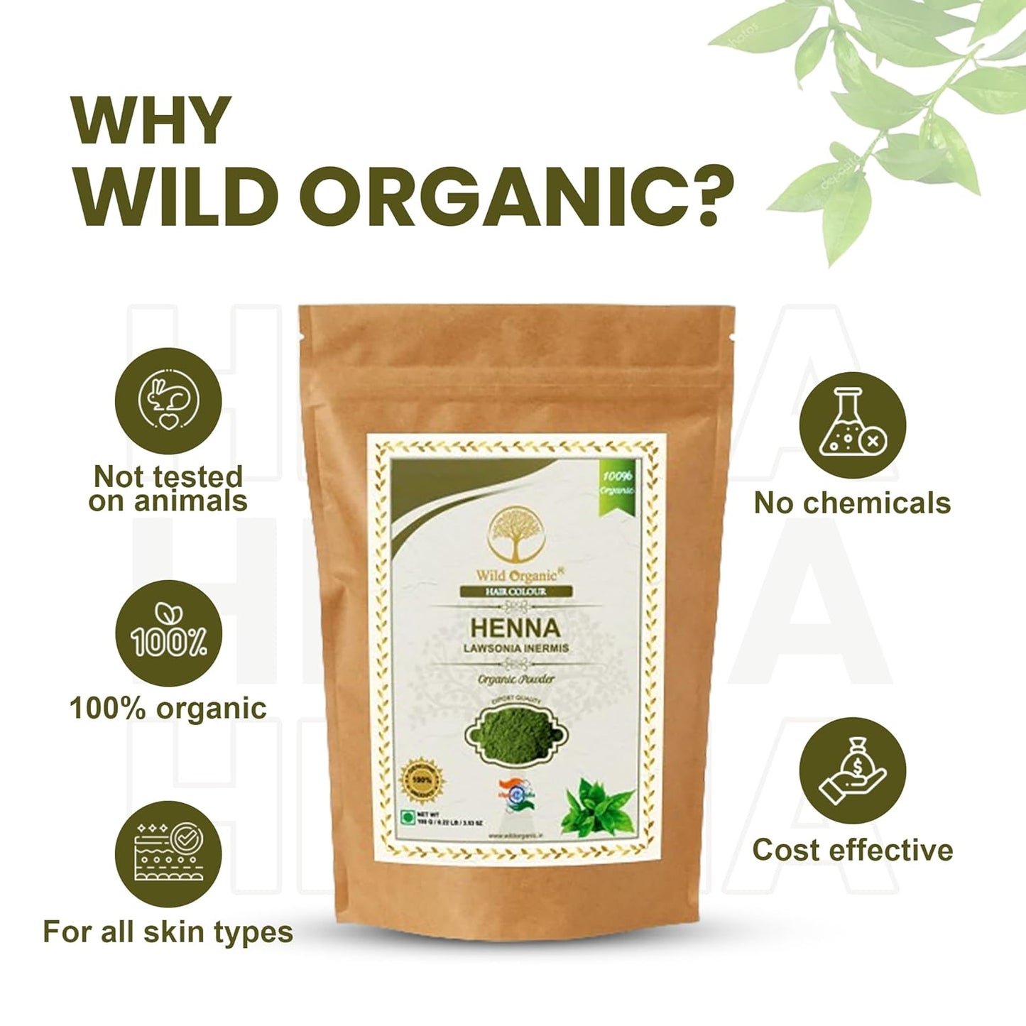 Wild Organic 100% Natural & Pure Herbal Henna Powder - 100 gms