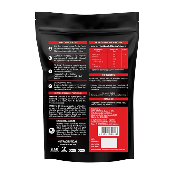 Nakpro Nutrition Pure L-Citrulline Powder Fruit Punch Flavour - 100 gms