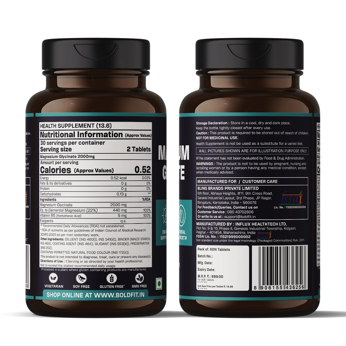 Boldfit Magnesium Glycinate Tablets | 2000mg Magnesium Supplement | For Men & Women | Muscle Support, Relaxation & Daily Wellness | 60 Tabs